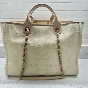 Authentic CHANEL Deauville Large  Beige Canvas Tote Bag Gold hardware